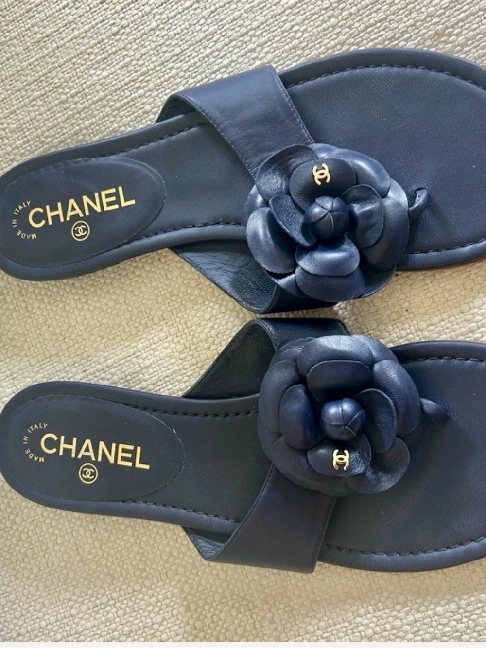 CHANEL Navy Camellia Leather Slide Sandals - Picture 5 of 6